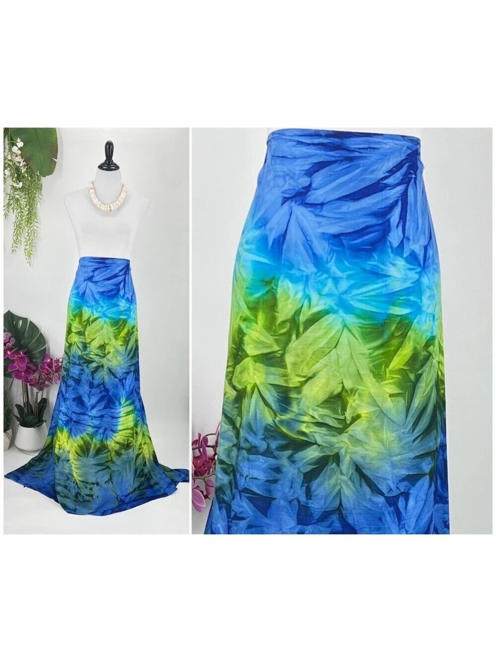 Blue Green Tie Dye Fringed Edge SARONG Kīkepa Pareo Lavalava Beach Wrap